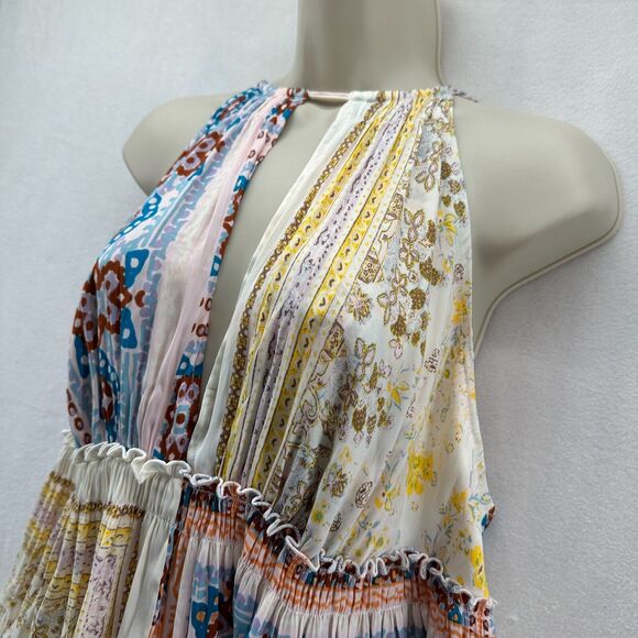 Free People Bellini Patchwork Halter Top Size L Spaghetti Straps Deep V-Neck - Picture 4 of 11